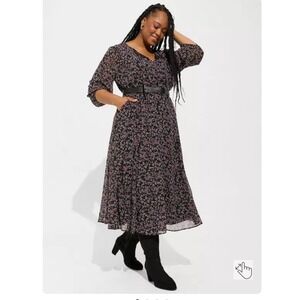 Torrid Black Floral Chiffon Midi Dress Flutter Sleeve Tie Neck Pockets Size 0